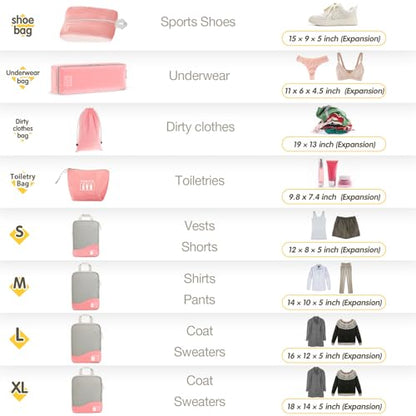 Compression Packing Cubes 8 Set, Dual Zipper Compression Packing Cubes for Travel, See-Through Mesh Packing Bags for Suitcases, Compression Travel Cubes with Shoe Bag (Pink) - color: 8 Set Pink