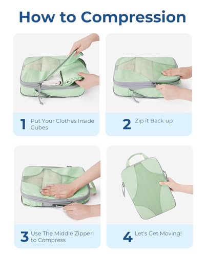 BAGSMART Compression Packing Cubes for Travel, Compressible Luggage Organizer for Cruise Ship, Lightweight Travel Essentials 6-Pack 1L+2M+2S+1Shoe Bag, Fruit Green