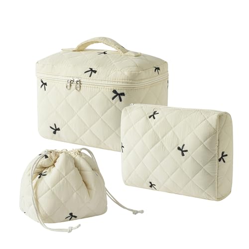 3pcs Large Cotton Quilted Makeup Bag Set,Coquette Aesthetic Cute Travel Toiletry Bag,Drawstring Gift Bag for Women and Girls(3Pcs Beige Bow) - color: 3Pcs Beige Bow