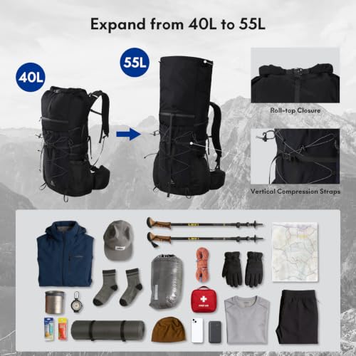 Haimont 40L+15L Roll-Top Backpacking Pack with Rain Cover, Black | Expandable 55L, Hip Belt Support, Sleeping Pad Carry, Pole Attachments, YKK & Duraflex - color: Black