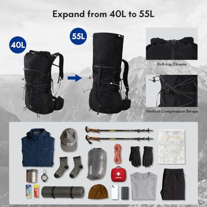 Haimont 40L+15L Roll-Top Backpacking Pack with Rain Cover, Black | Expandable 55L, Hip Belt Support, Sleeping Pad Carry, Pole Attachments, YKK & Duraflex - color: Black