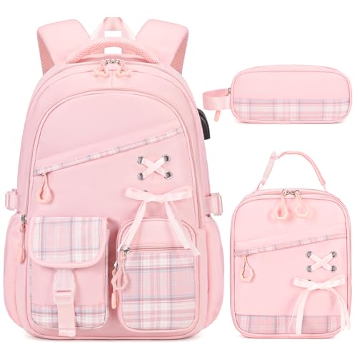 DIGOBAY Backpacks for Girls - 3PCS Girls Backpack with Lunch Box & Pencil Pouch Plaid School Backpacks for Elementary Middle High College School Bookbag for Teen Girl Kids Students Pink - color: Pinkplaid