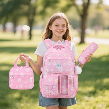 ACESAK Backpack for Girls - Girls Backpack with Lunch Bag & Pencil Pouch for Teen Kids Laptop Backpack for Women, Elementary Middle High School Bookbag Travel Daypack (Pink Daisy) - color: Pink Daisy