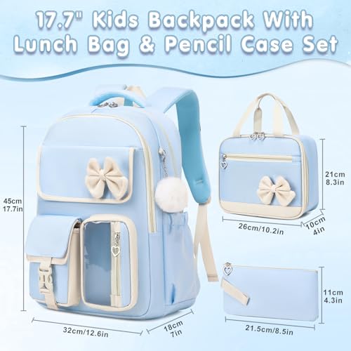 GeeWin Girls Backpack for School with Lunch Box & Pencil Case Set, 17 Inch Waterproof Cute Bow Girls Bookbag for Kids, Teens, Elementary Middle High College School Student (Blue/Beige) - color: Blue Beige