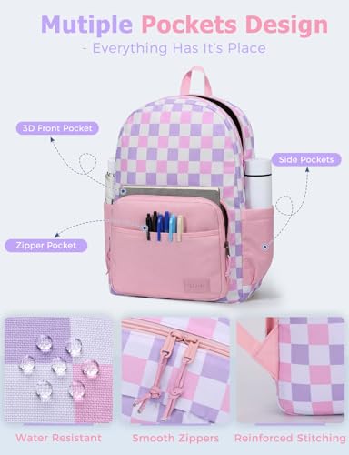 VASCHY School Backpacks, Lightweight Bookbag Schoolbag for Girls Casual Basic Simple Daypack for Women Blush Checkerboard - color: Blush Checkerboard