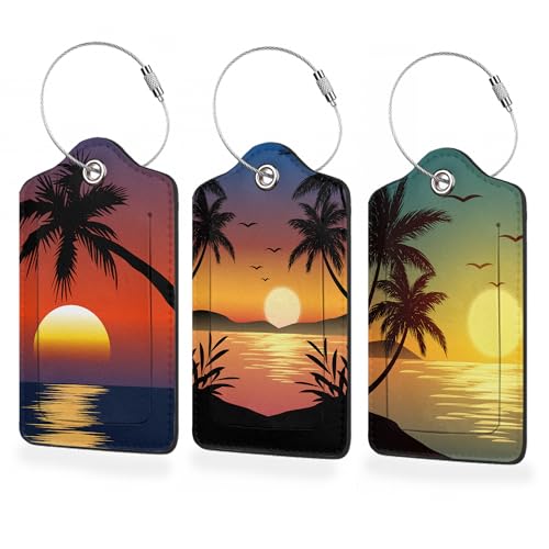 3 Pack Luggage Tags,Tropical Palm Sunset Sea Beach PU Leather Luggage Tags for Suitcase,Name ID Labels with Privacy Cover Suitcases and Metal Loop for Bag Suitcase - color: Tropical Palm Sunset Sea Beach