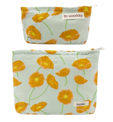getgto 2 Pcs Makeup Bags, Large Cosmetic Bag Travel Toiletry Bag Organizer for Women, Embroidery Craft, Floral Makeup Bag Small Cosmetic Pouch Purse with Zipper Gifts for Girls Teen - color: Orange Flower