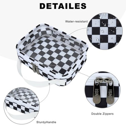 Travel Toiletry Bag Clear Makeup Bags Portable Compact Cosmetic Pouch Makeup Organizer for Women, Skincare Bag with Handle(Black White Checkerboard)