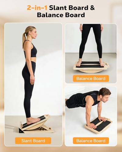 MoKo 2-in-1 Wooden Slant Board & Balance Board, 4 Adjustable Inclines Calf Stretcher for Knees, Ankles, Heels, Feet and Legs, Non-slip Stretch Boards Support up to 220lbs - color: Wood