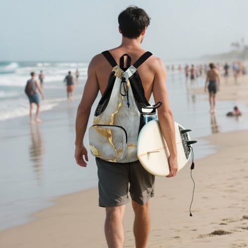 Drawstring Gym Bags For Men Women Sports Gym Bag With Pockets Pull String Bag Waterproof Marble White Gold - color: Color 2