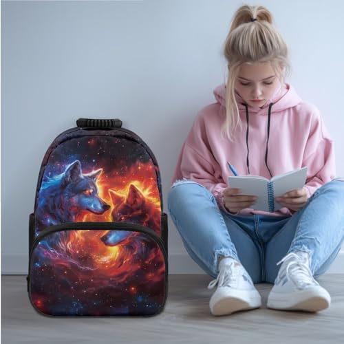 JEOCODY Cool Fire Wolf Kids Bookbag School Backpack with Lunch Box for Girls, Boys Backpack with Water Bottle Holder and Pencil Case Set of 4 School Supplies Organizer - color: Cool Fire Wolf Printedd