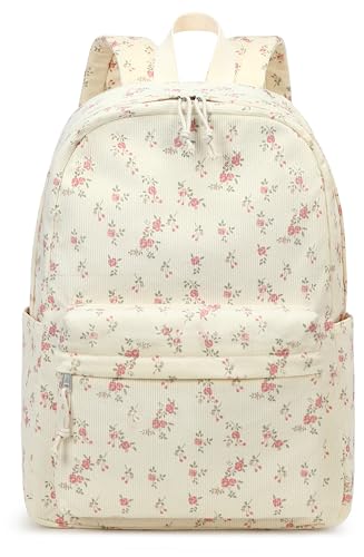 Bluboon School Backpack for Teen Girls Bookbags Elementary High School Corduroy Laptop Bags Women Travel Daypacks - color: Corduroy Floral 202 Beige