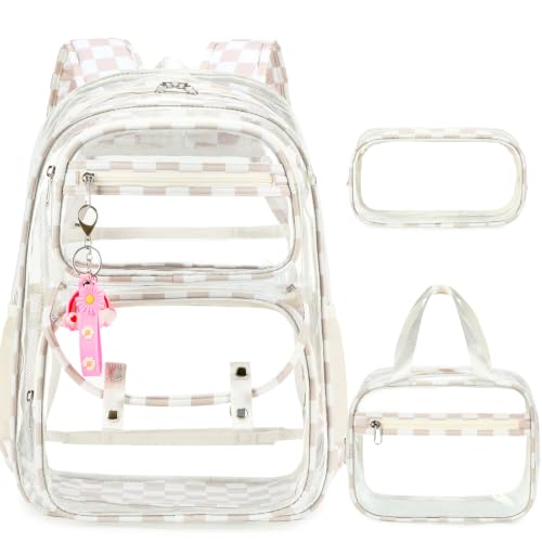 ACESAK Clear Backpack for Girls - 3 Pcs Clear Backpack Heavy Duty with Lunch Bag - See Through Bookbag Stadium Approved for Kids Middle High College School(Beige Checkerboard) - color: Beige Checkerboard