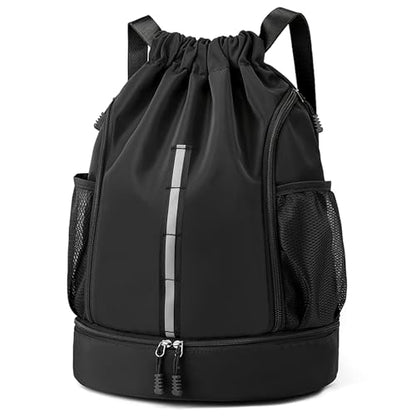 Sport Gym Bag Drawstring Backpack Beach Bag for Men Women with Shoe Compartment and Reflective Strips (Black) - color: Black