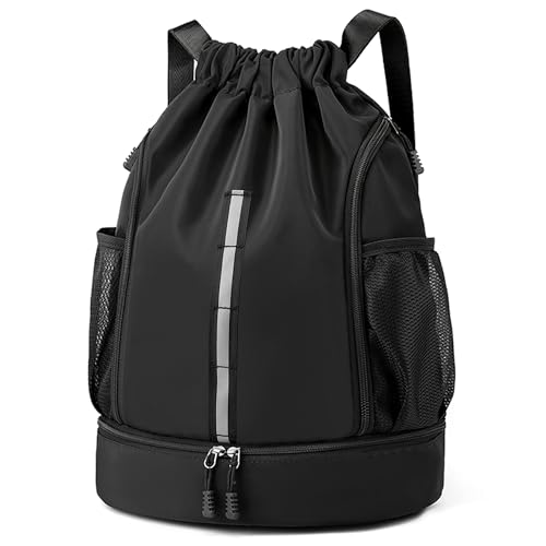Sport Gym Bag Drawstring Backpack Beach Bag for Men Women with Shoe Compartment and Reflective Strips (Black) - color: Black
