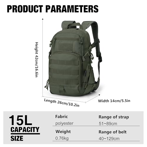 Mardingtop Small Tactical Backpack,Molle Hiking Backpack for Backpacking,Cycling and Biking,15L/25L Backpack - color: Ranger Green, size: 15L