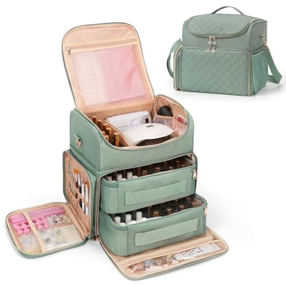 Extra Large Nail Polish Organizer Case Holds 86 to 100+ Bottles Nail Polish & Nail Lamp, Nail Supplies Storage Carrying Bag with 2 Removable Pouches, Portable Nail Tech Travel Box (Green, 86 Slots) - color: Green