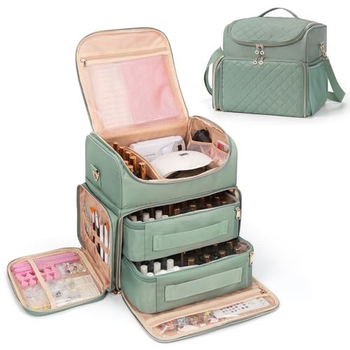 Extra Large Nail Polish Organizer Case Holds 86 to 100+ Bottles Nail Polish & Nail Lamp, Nail Supplies Storage Carrying Bag with 2 Removable Pouches, Portable Nail Tech Travel Box (Green, 86 Slots) - color: Green