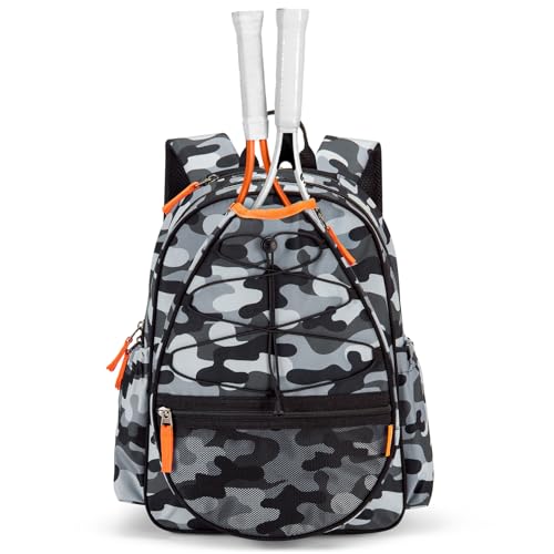 Choco Mocha Kids Tennis Bag, 16 Inch Youth & Junior Tennis Backpack with Shoe Compartment, Holds 2 Rackets (21–23 Inch) - color: Camo Gray