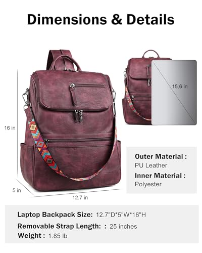 FADEON Laptop Backpack for Women Leather Travel Backpack with Laptop Compartment, Designer PU Shoulder Laptop Bag Red - color: Wine Red Retro Style