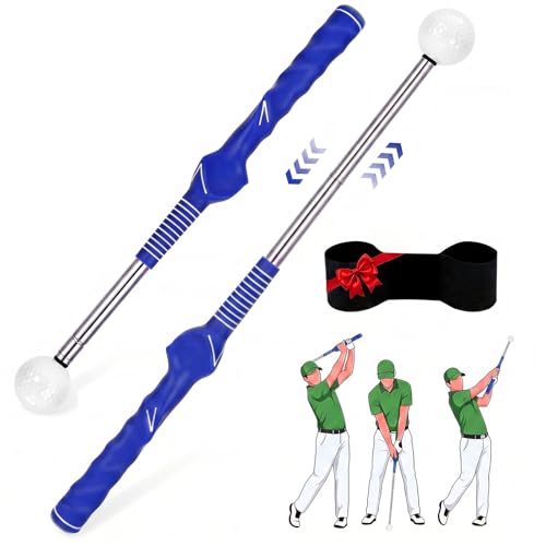 5-in-1 Golf Swing Trainer for Right-Handed Golfers with Click Feedback, Retractable Training Aid, Grip Trainer & Arm Band, Improve Tempo & Swing Path, Indoor Outdoor Practice - color: Blue