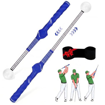 5-in-1 Golf Swing Trainer for Right-Handed Golfers with Click Feedback, Retractable Training Aid, Grip Trainer & Arm Band, Improve Tempo & Swing Path, Indoor Outdoor Practice - color: Blue