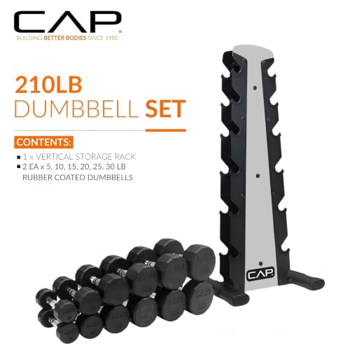 CAP Rubber Coated Hex Dumbbell Set with Storage Rack | 100–210 lb Options, Space-Saving Vertical Compact Storage for Home Gym Strength Training - size: 210 lb - Set - Silver Rack, style: 12-Sided Black Handle