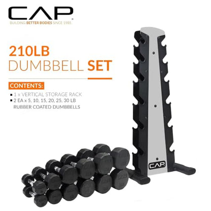 CAP Rubber Coated Hex Dumbbell Set with Storage Rack | 100–210 lb Options, Space-Saving Vertical Compact Storage for Home Gym Strength Training - size: 210 lb - Set - Silver Rack, style: 12-Sided Black Handle
