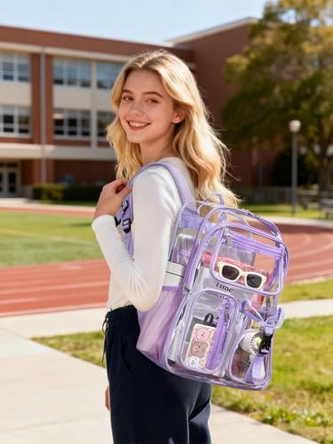 Double-Layer Clear Backpack Heavy Duty, 17 Inch Large Clear Bookbag, Transparent See Through Backpack For School, Work, College, Travel, Sport- Light Purple - color: 1# Purple, style: Pro Series (Double Layer)