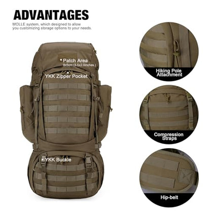 Mardingtop 60L Military Internal Frame Backpack for Hiking,Camping,Hunting,Rucksack Backpack with Rain Cover - color: Khaki