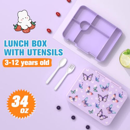 Bevalsa Backpack for Girls, School Bookbag Teen Girls Backpack Set with Bento Lunch Box, Insulated Bag & Pencial Case, 43oz Lunch Containers for Kids Elementary Middle Student (Purple Butterfly) - color: Purple Butterfly