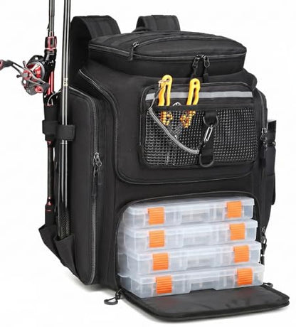 HAMBOLY Fishing Backpack 45L with Rod Holders, Water-Resistant Tackle Backpack for Fishermen, Large Capacity Fishing Gear Bag for Travel Hiking Camping - color: Black (4 Tackle Boxes Included)
