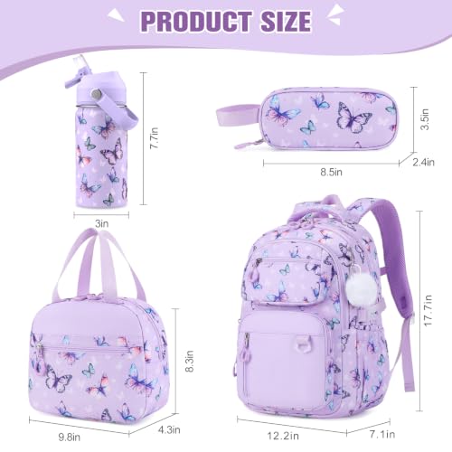 Bevalsa Backpack for Girls, School Bookbag Teen Girls Backpack Set with 14oz Insulated Water Bottle Stainless Steel, Lunch Bag & Pencial Case for Kids Elementary Middle Student (Purple Butterfly) - color: Purple Butterfly