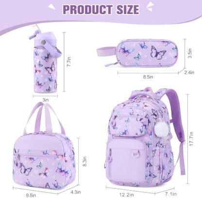 Bevalsa Backpack for Girls, School Bookbag Teen Girls Backpack Set with 14oz Insulated Water Bottle Stainless Steel, Lunch Bag & Pencial Case for Kids Elementary Middle Student (Purple Butterfly) - color: Purple Butterfly