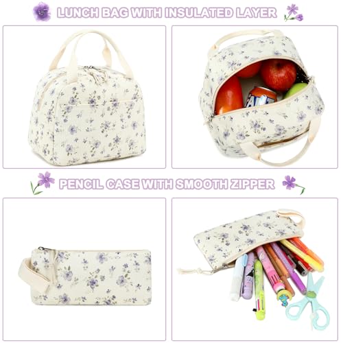 BTOOP School Backpacks for Teen Girls Bookbags Lightweight Kids Backpack School Bags Set with Lunch Box Pencil Case - color: Purple Flower 201
