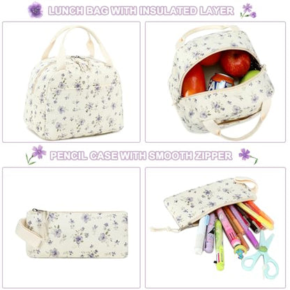 BTOOP School Backpacks for Teen Girls Bookbags Lightweight Kids Backpack School Bags Set with Lunch Box Pencil Case - color: Purple Flower 201