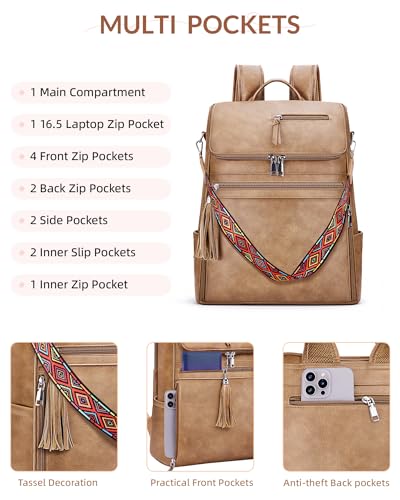 SYTRAH Leather Laptop Backpack for Women Designer Laptop Bag, 16.5 inch Travel Computer Backpacks Purse with Tassel for Work Business with Satchel Purse Camel Brown - color: Camel Brown