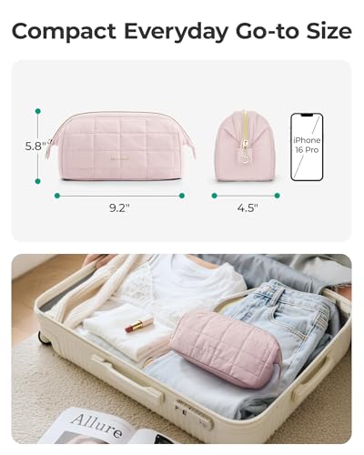 BAGSMART Makeup Bag Travel Toiletry Bag, Puffy Padded Make Up Bags for Women Makeup Organizer Case, Wide-open Pouch Purse Travel Essentials Toiletries Accessories Brushes, Apricot Pink - color: 04-Apricot Pink
