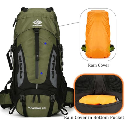 60L Travel Hiking Camping Backpack with Rain Cover,Backpack Water Resistant,Climbing Backpack for Men Women (DEEP GREEN) - color: Deep Green