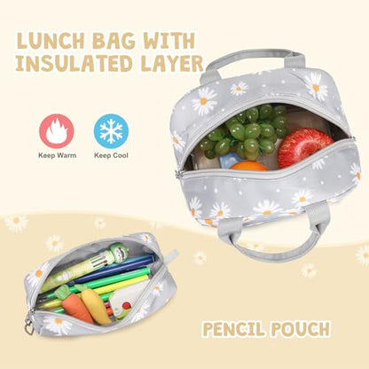 ACESAK Backpack for Girls - Girls Backpack with Lunch Bag & Pencil Pouch for Teen Kids Laptop Backpack for Women, Elementary Middle High School Bookbag Travel Daypack (Gray Daisy) - color: Gray Daisy