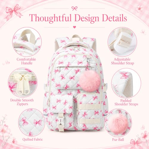 Quilted Backpack for Teen Girls, Cute Pink Bow School Backpack with Multi-Pocket Design, Lightweight Cotton Bookbag Fits 15.6" Laptop, Large Capacity Aesthetic Backpack with Plush Charm - color: Pink Bow