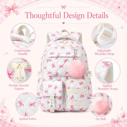 Quilted Backpack for Teen Girls, Cute Pink Bow School Backpack with Multi-Pocket Design, Lightweight Cotton Bookbag Fits 15.6" Laptop, Large Capacity Aesthetic Backpack with Plush Charm - color: Pink Bow