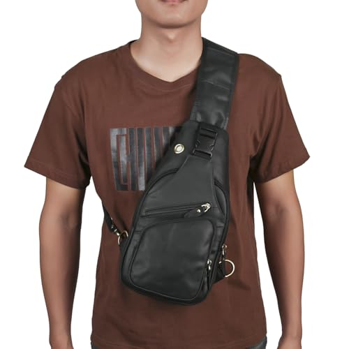 Le'aokuu Men Fashion Casual Tea Designer Travel Hiking Crossbody Chest Sling Bag Rig One Shoulder Strap Bag Men Leather 8015 | Fashion - color: X Dark Black