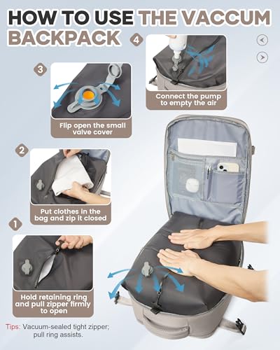 WONHOX Vacuum Seal Travel Backpack with Air Pump,Compression Vacpack Waterproof Carry On Backpack for Travel Women Men with Vacuum System,Airlines Approved Daypack Laptop Space Saver Bags,GreyBrown - color: B4-greybrown(with Air Pump)