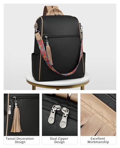 FADEON Leather Laptop Backpack for Women Designer 15.6 inch PU Laptop Bag, Ladies Travel Computer Work Backpack Black - color: Black Retro Style