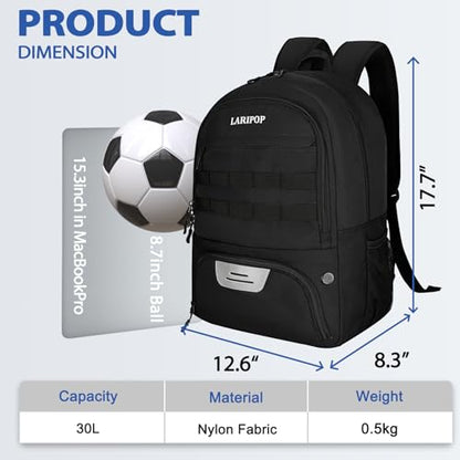 LARIPOP Soccer Backpack with Ball Holder & Shoe Compartment Large Capacity Sports Bag for Training - color: black