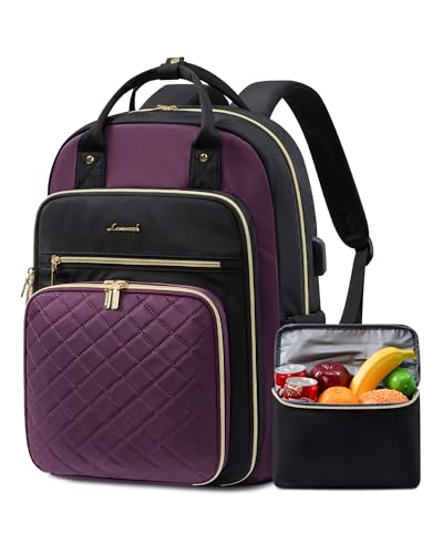 LOVEVOOK Lunch Backpack for Women, 15.6 Inch Laptop Bag with Insulated Cooler Lunch Box, Work Backpack for Teacher Nurse, Travel Backpack Lunch Bag for Camping Picnic Daily Use, Purple Black - color: Black-purple(insulated Lunch Box), size: 15.6-Inch(insu