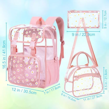 3PCS Pink Clear Backpack, Heavy Duty Transparent Bookbag for Girls Women, Stadium Approved See Through Backpack with Lunch Box (Pink Daisy) - color: Pink Daisy