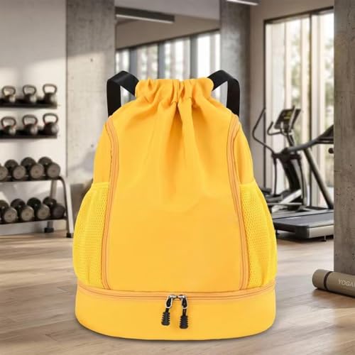 Drawstring Gym Backpack Multipocket Sports Sack with Mesh Pockets | Adjustable Strap Double Zipper Design, Large Capacity Lightweight for Gym Swim Travel Camping Outdoor - color: Yellow