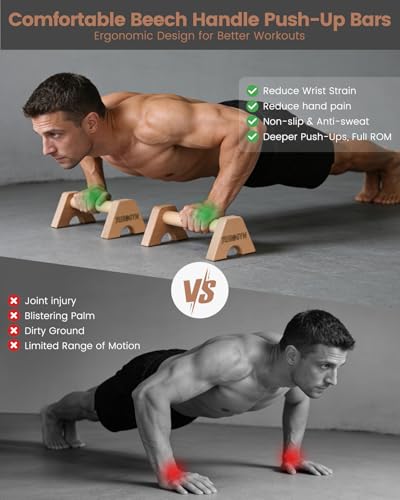 Wooden Push Up Bars for Calisthenics Equipment - Non-Slip Beech Wood Parallettes for Floor Strength Training, Handstand & Home Gym Workout - Support 550 LBS Heavy Duty Pushup Handles Stand